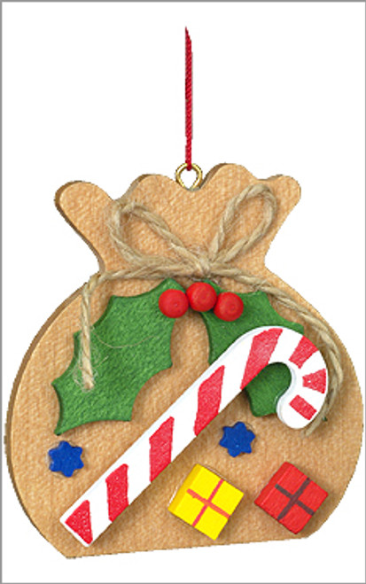 Santa's Toy Sack Wooden German Ornament with Candy Cane & Holly