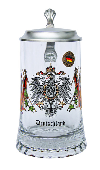 Traditional German Glass Beer Stein with Pewter Lid