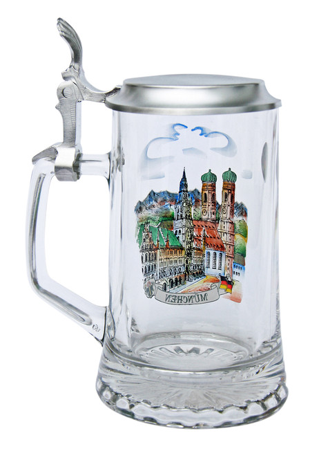 Munich German Glass Beer Stein with Pewter Lid