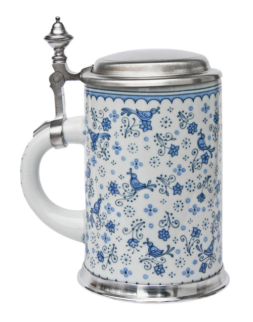 Birds and Flowers Porcelain Beer Stein with Pewter Footed Base