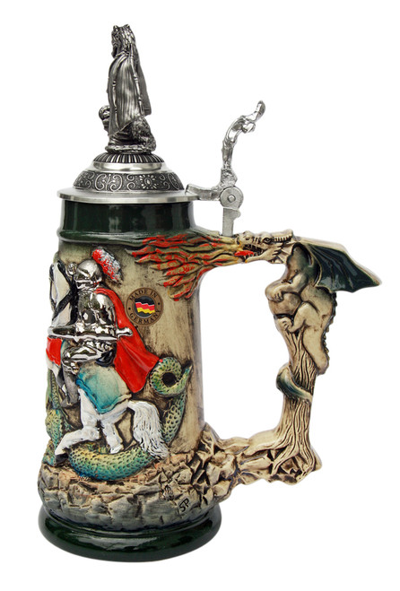 Knight Dragon Slayer Beer Stein with Dragon Lid