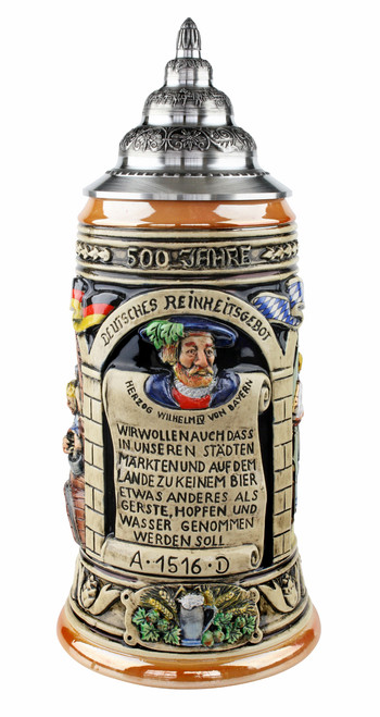 Ceramic beer stein with pewter lid celebrates the German 500 year purity law restricting beer ingredients to barley, hops, yeast and water