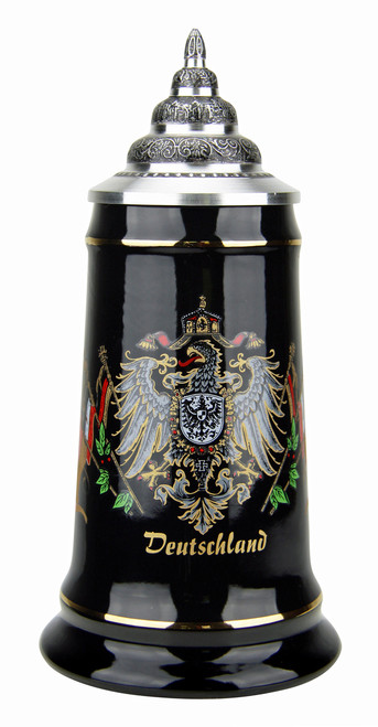 Deutschland Eagle Crest and Flags Black Glaze Beer Stein