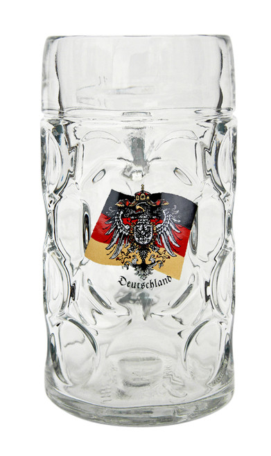 1 Liter Glass Beer Mug with Traditional German Crest