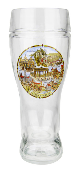 1 Liter Glass Beer Boot with Traditional German Landmarks