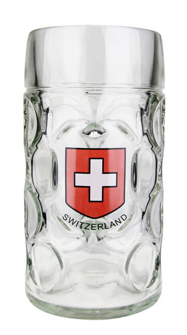 Swiss Cross Decorated 1 Liter Dimpled Glass Beer Mug