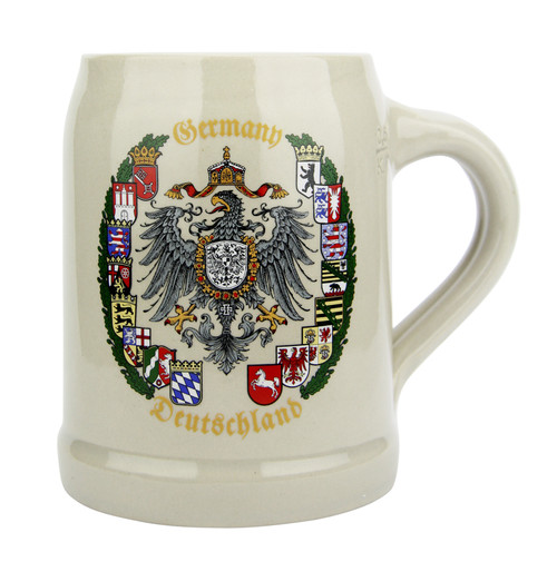 German Eagle and Crests Stoneware Beer Mug 0.5 Liter