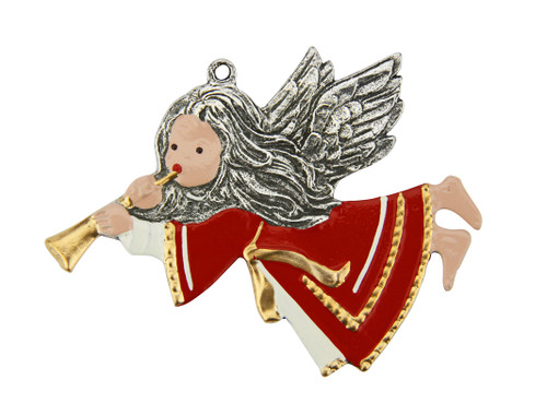 Christmas Angel Flying with Horn German Pewter Christmas Ornament