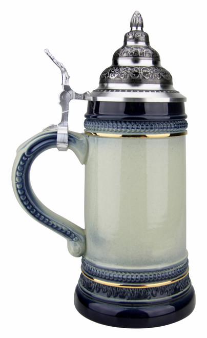 Blue Gray Glaze Beer Stein with Gold Accents