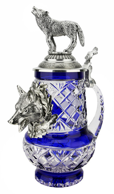 Lord of Crystal Wolf German Beer Stein Blue | 3D Howling Wolf Lid