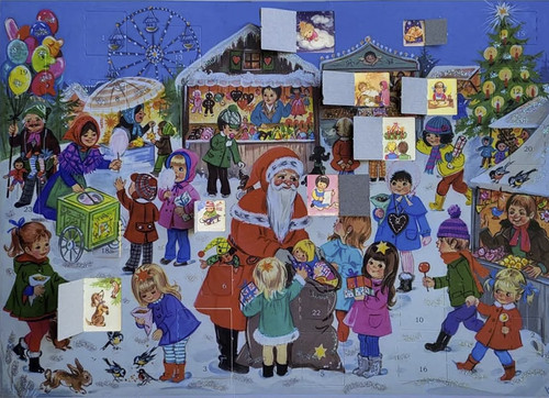 Santa at the Christmas Market German Advent Calendar 1970s Reproduction
