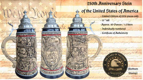 250th USA Anniversary Commemorative Beer Stein Rustic with Pewter Facon Baroque Style Lid