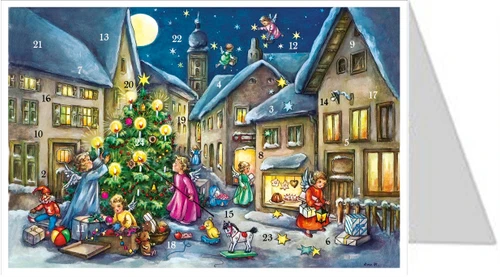Angels in the Village Square German Advent Calendar Christmas Card 