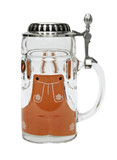 Front of half liter glass German beer stein with handle and pewter lid