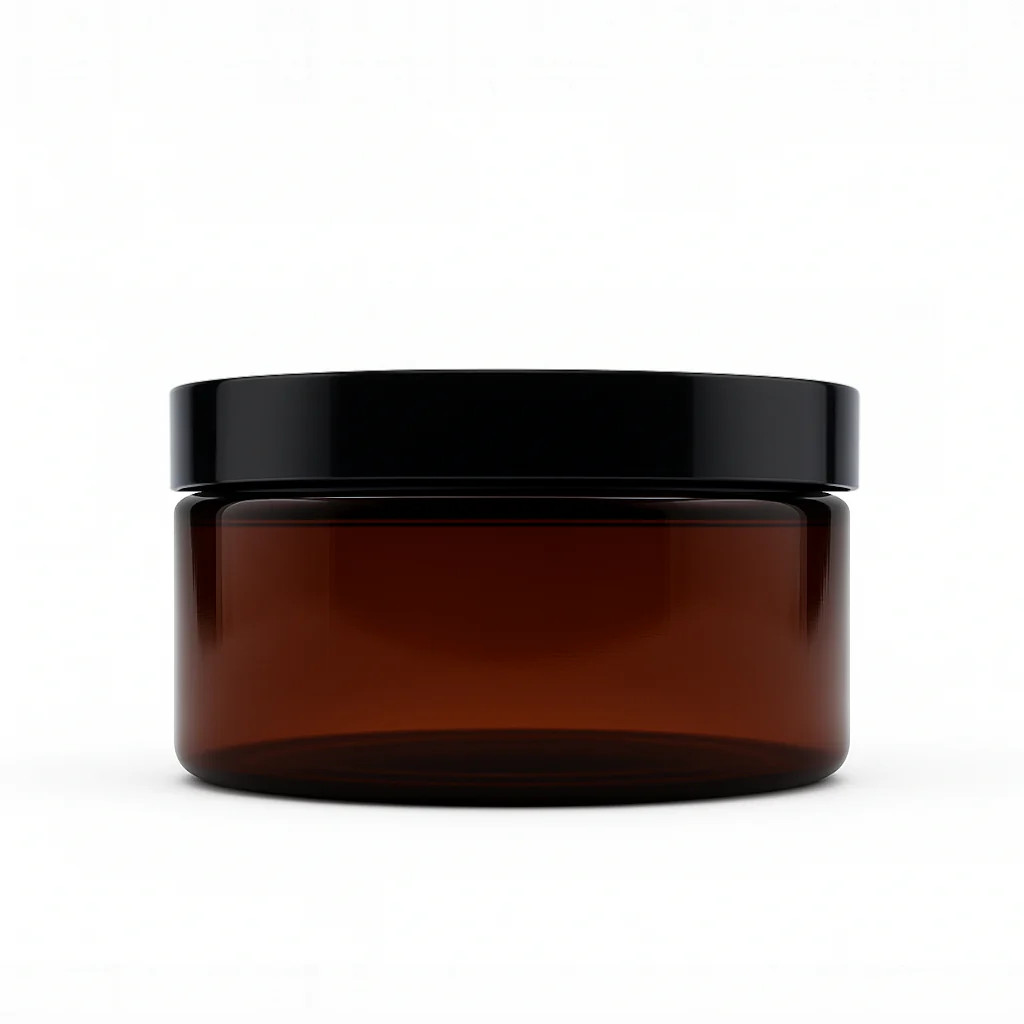 8 oz Amber PET Heavy wall jar W/Smooth Black Caps