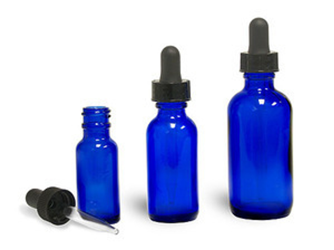 2 oz, (60 ml) Boston Round Cobalt Blue Bottles with Droppers