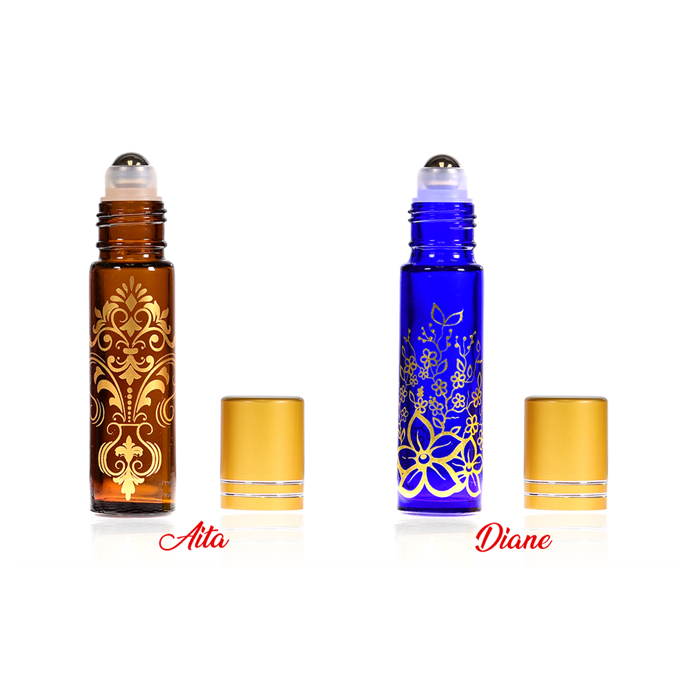 1/3 Ounce (10 ml) Gold Decorative Roll On Bottles With Metallic Caps