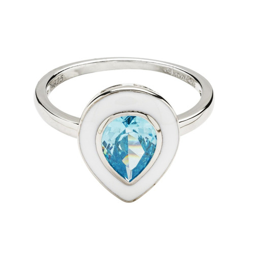 Sterling Silver Aqua Swarovski Crystal Teardrop with White Enamel Ring