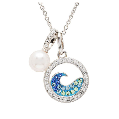 Sterling Silver Aqua Crystal Wave with Pearl Necklace