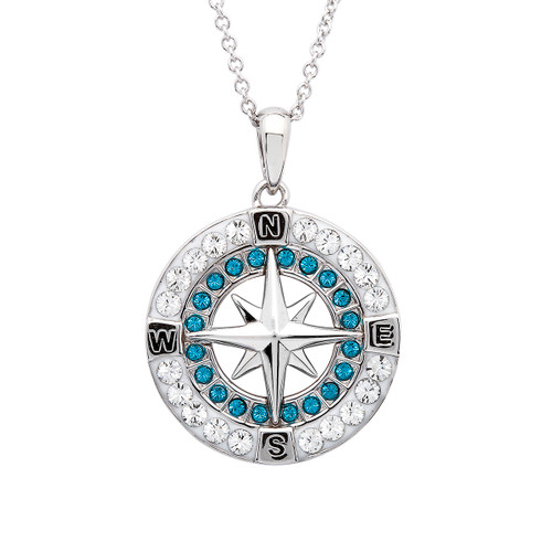 Blue Compass Pendant Aqua Swarovski Crystals