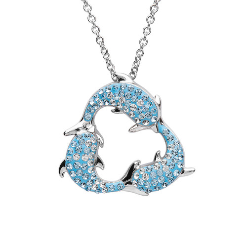 Three Dolphins Necklace in Aqua Swarovski Crystals