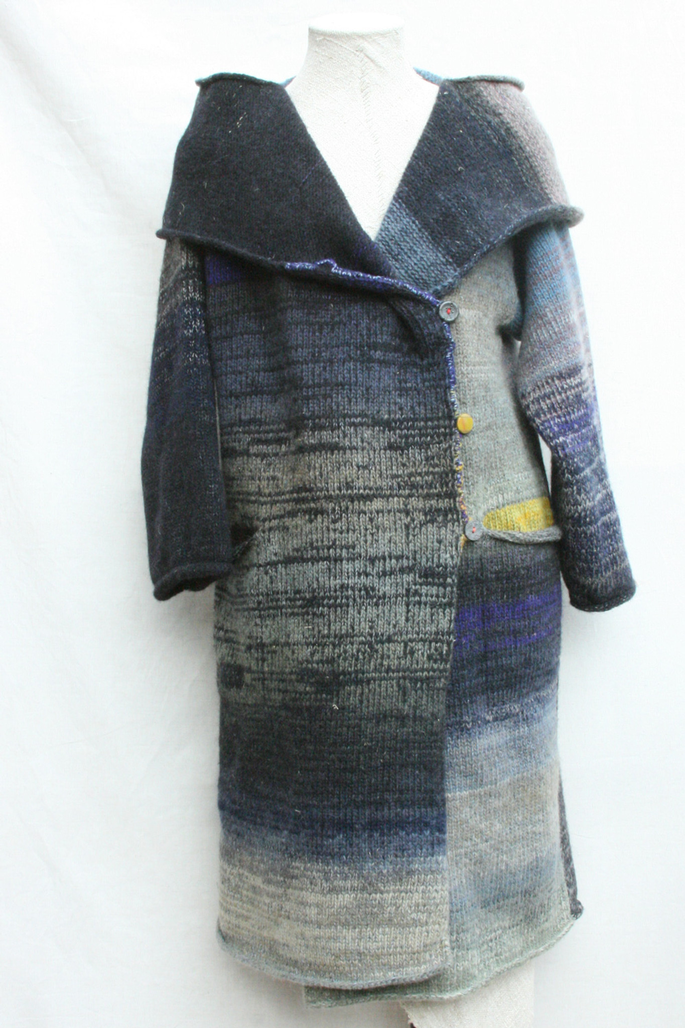 Knit felted winter statement coat with versatile shawl collar