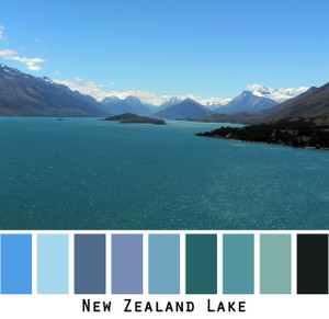 New Zealand Lake - teal blue water, violet blue snowcapped mountains, sky blue, colors for blue eyes blonde redhead black hair, photo by Inese Iris Liepina, Wrapture by Inese