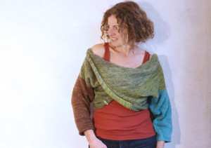 olive tree x-tee wrapture by Inese Iris Liepina kid mohair silk cotton knit pullover olive green brown teal blue