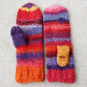 Flower Garden hand knit Smart Phone Mittens red purple stripes thumbhole finger hole left handed or right handed hand knit Wrapture by Inese