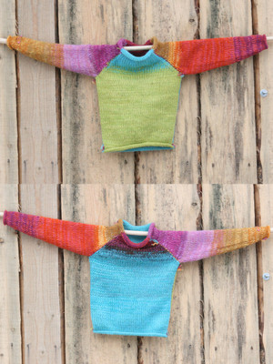 Butterfly Flower kids S 2yrs reversible raglan pullover showing both sides in a double photograph where the sweater is hung on a wood shed, designed and knit by Wrapture by Inese