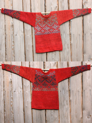 Fire red Latvian symbols sweater in size S knit with local wool, kid mohair, silk, cotton
 by Inese, unisex, reversible, shown flat on wood wall in double exposure to show either side