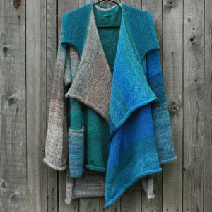 Mallorca pocket cardigan in kid mohair and merino wool knit by Inese Iris Liepina