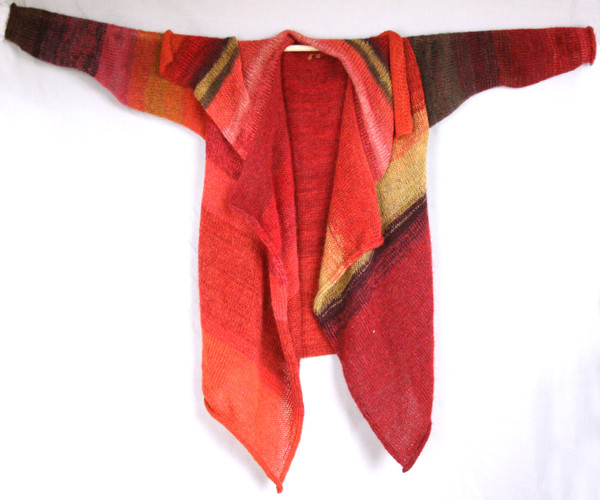 Annie cardigan inspired by red rose leaves photograph. Unique red gold violet color blended kid mohair, cotton and silk threads. One of a kind and unique knit by Inese for Wrapture by Inese.