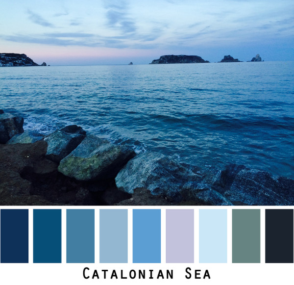 Catalonian Sea - teal blue rocky coast pink blue sky, colors for blue violet eyes, green eyes, brown eyes, blonde hair, redhead, black hair, grey hair, brunette, photo by Inese Iris Liepina, Wrapture by Inese