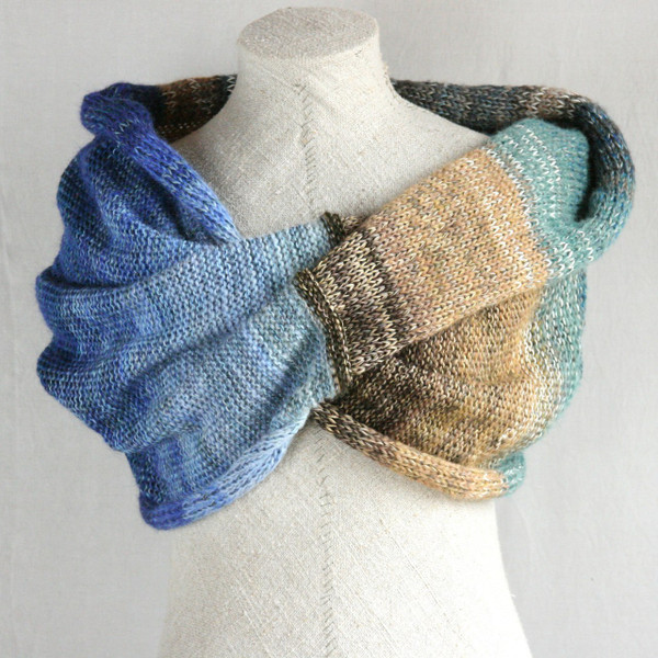 South island shawl wrap mohair, cotton, silk knit 
Wrapture by Inese Iris Liepina
blue seafoam green tan brown beige