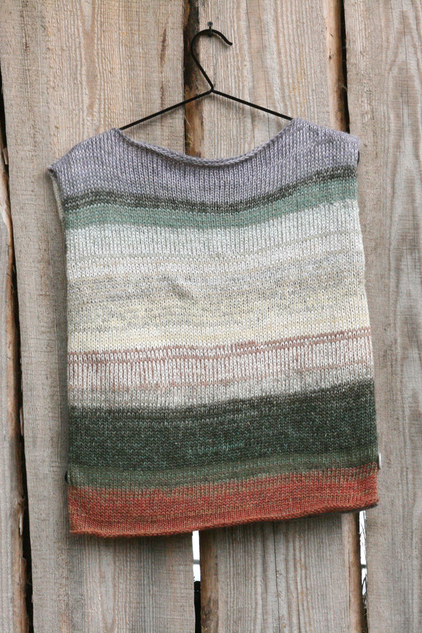 Birch color way inspired custom order tank top knit by Wrapture by Inese hung on wood wall