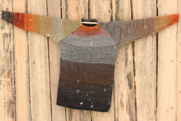 Bearded Rocks brown grey orange raglan pullover sweater size L mens pre-washed Latvian wool, kid mohair, cotton, silk knit by Inese one of a kind unique reversible