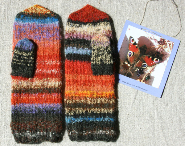 Butterfly hank knit mittens using mohair and natural dyed wool Wrapture by Inese