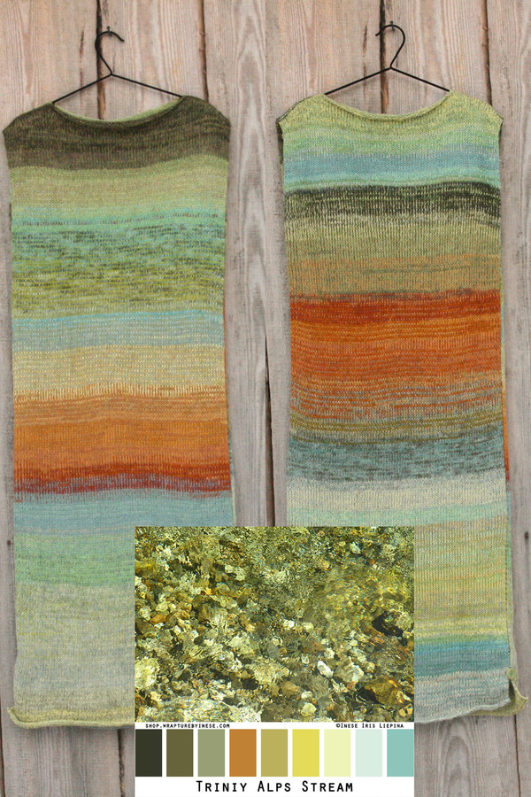 Trinity Alps Stream color card knit into a tank dress, shown on a wood wall front and back by Wrapture by Inese