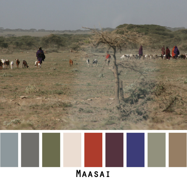 Maasai - grey gray taupe ivory sage green with bright rust red inky blue raisin purple maroon colors for blue eyes, green eyes, brown eyes, blonde hair, brunette, redhead, black hair, gray hair - photo by Inese Iris Liepina, Wrapture by Inese