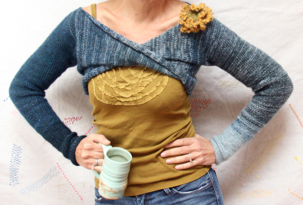 blue jean bolero shrug Wrapture by Inese Iris Liepina, indigo pale blue dark blue gold with detachable crochet flower pin kid mohair silk cotton knitted unique one of a kind