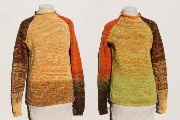 Autumn Gold raglan pullover sweater Wrapture by Inese Iris Liepina,  gold orange rust chartreuse green brown autumn colors, local Baltic wool, kid mohair, silk ,cotton, knitted unique one of a kind
