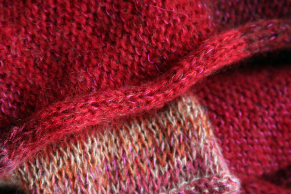 Cranberries color card inspired kid mohair and silk loop infinity scarf closeup detail of multi color knitting knit by Inese for Wrapture by Inese