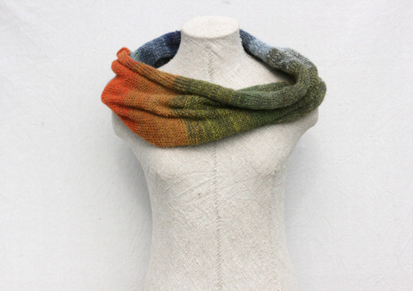 Tirelis Marsh knit mohair silk loop scarf Wraptuyre by Inese Iris Liepina green olive navy blue jade paprika orange gold blue