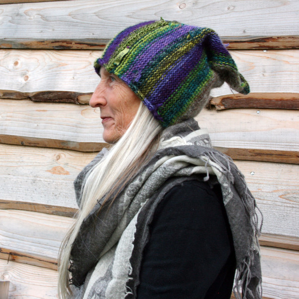 Heather purple green grey Pixie Gnome hat knit with wool kid mohair, silk and cotton. Wrapture by Inese