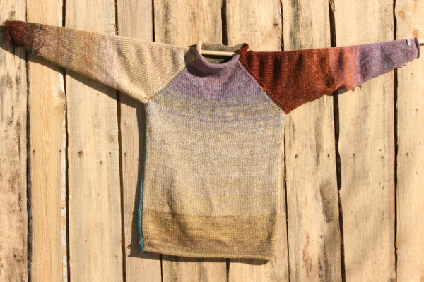 Fragments unisex reversible raglan pullover sweater on wood shed