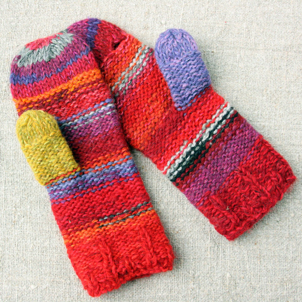 Gerbera hand knit Smart Phone Mittens red purple stripes thumbhole finger hole left handed or right handed hand knit Wrapture by Inese