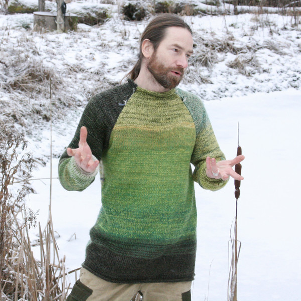 Reflections green raglan pullover sweater size L reversible sweater worn by man with beard