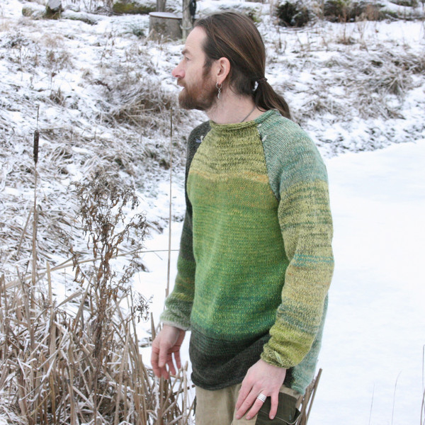 Reflections green raglan pullover sweater size L reversible sweater worn by man with beard