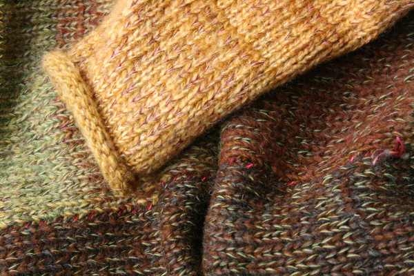 Waterlily Fronds Liene Sweater Coat L washed wool mohair cotton silk blend Wrapture by Ineseknitting detail closeup of Ineses unique way of blending colors in her knits.